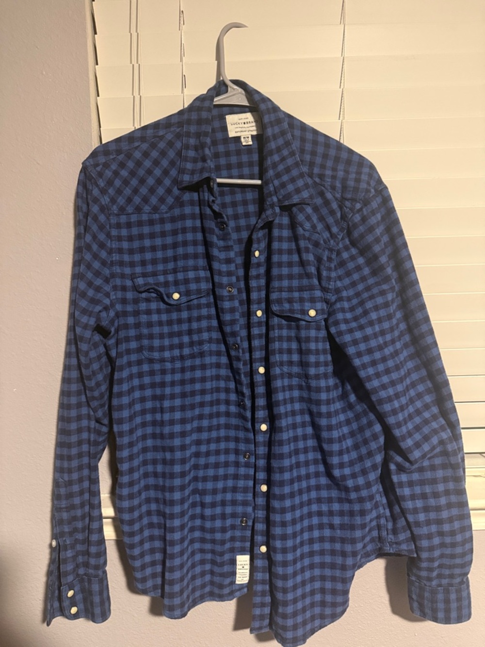 Lucky Brand Men's Navy and Black Plaid Button-Up Shirt
